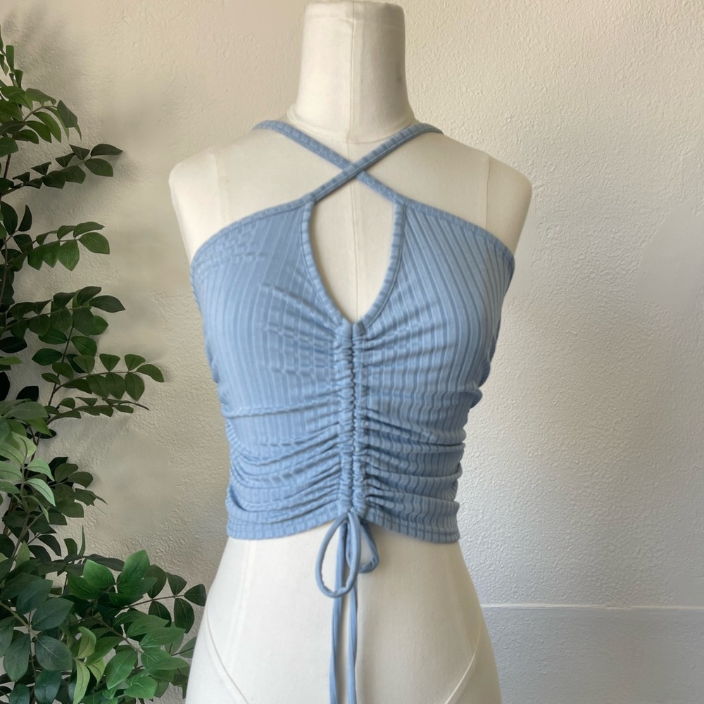 Better Be Sky Blue Ruched Halter Tank Top
